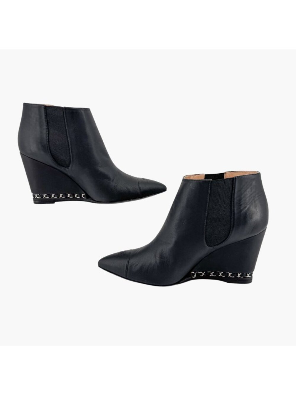 Chanel CC Black Leather Pointed Chain Wedge Ankle Boot Bootie Size 39.5 US 8.5-9 - Picture 10 of 16